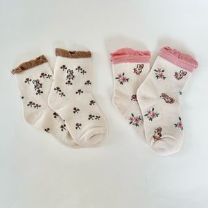 Girls Pink Crew Socks Rabbit/Floral Pattern NWOT Size (3-5) Years